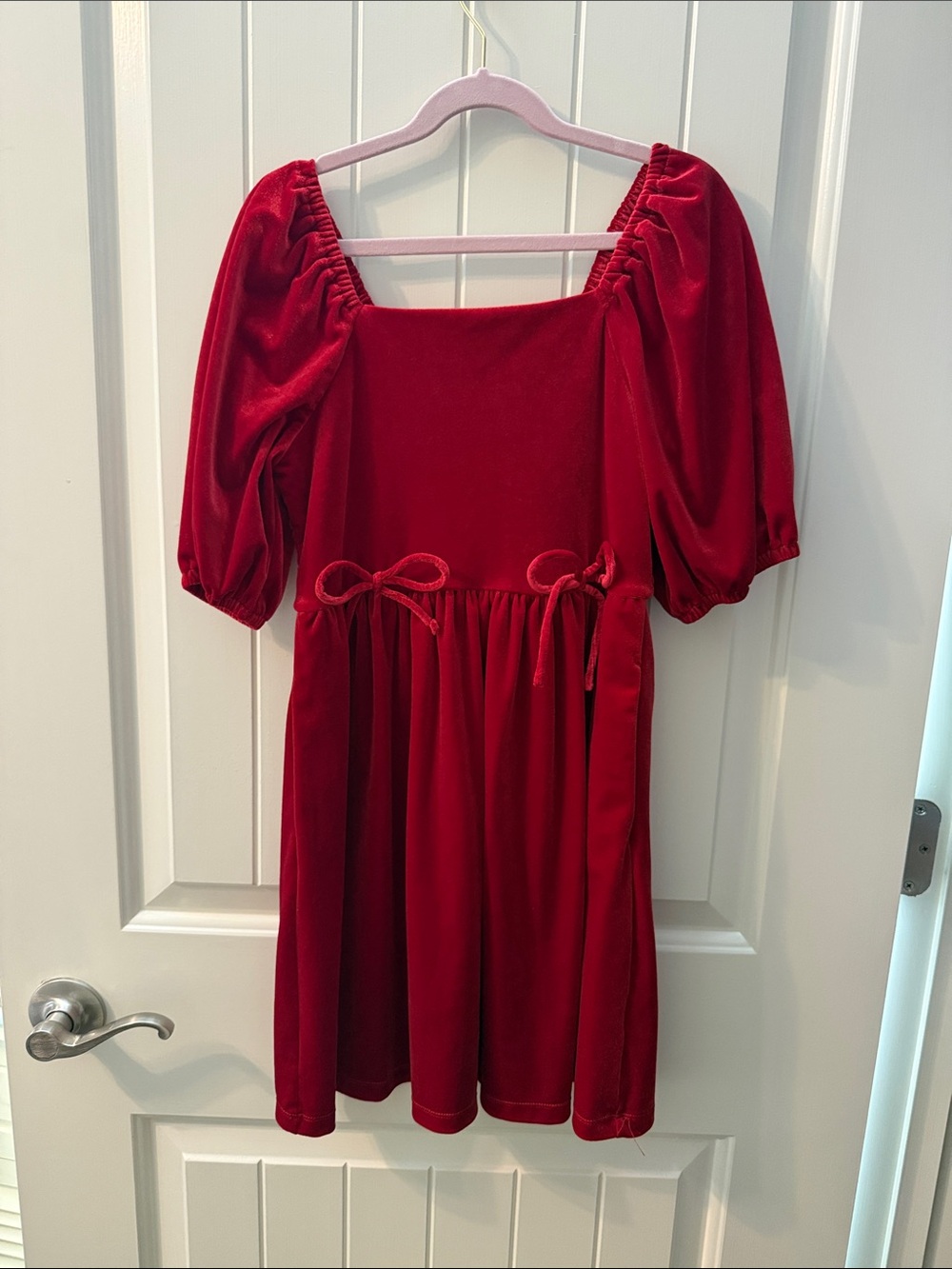 Copper Key Red Velvet Puff-Sleeve Dress with Waist Bows